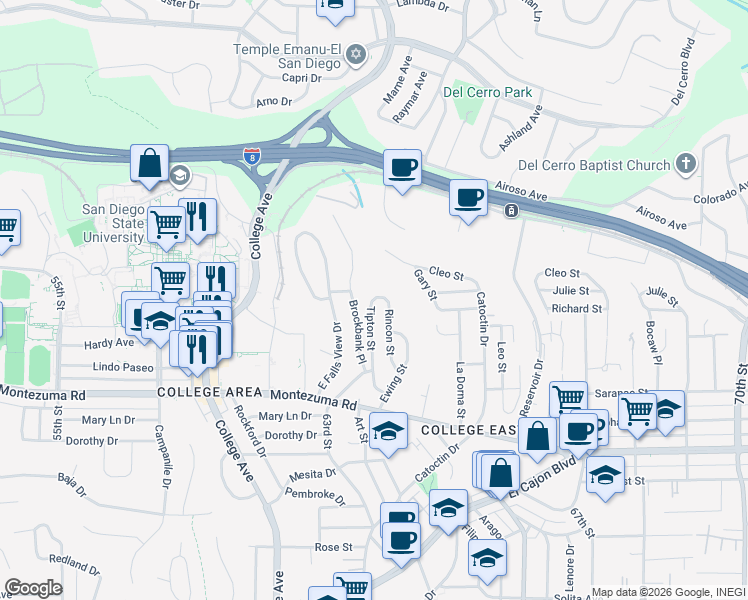 map of restaurants, bars, coffee shops, grocery stores, and more near 5230 Tipton Street in San Diego