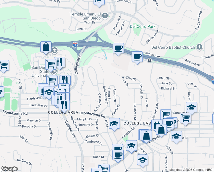 map of restaurants, bars, coffee shops, grocery stores, and more near 5230 Tipton Street in San Diego