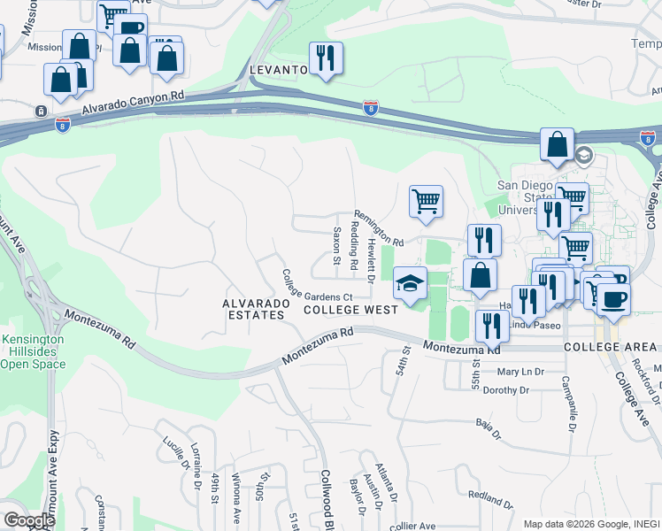map of restaurants, bars, coffee shops, grocery stores, and more near 5127 Manhasset Drive in San Diego