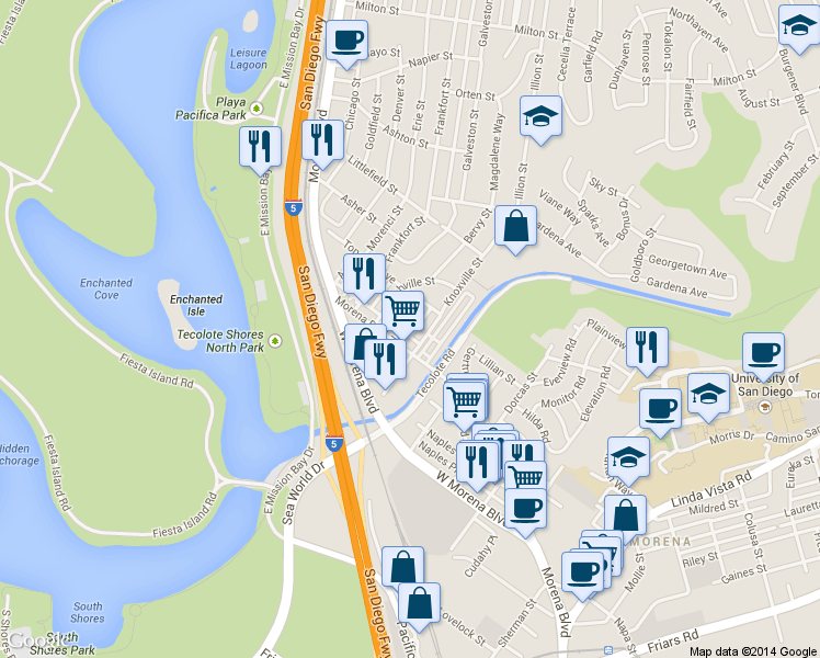 map of restaurants, bars, coffee shops, grocery stores, and more near 1411 Morena Boulevard in San Diego
