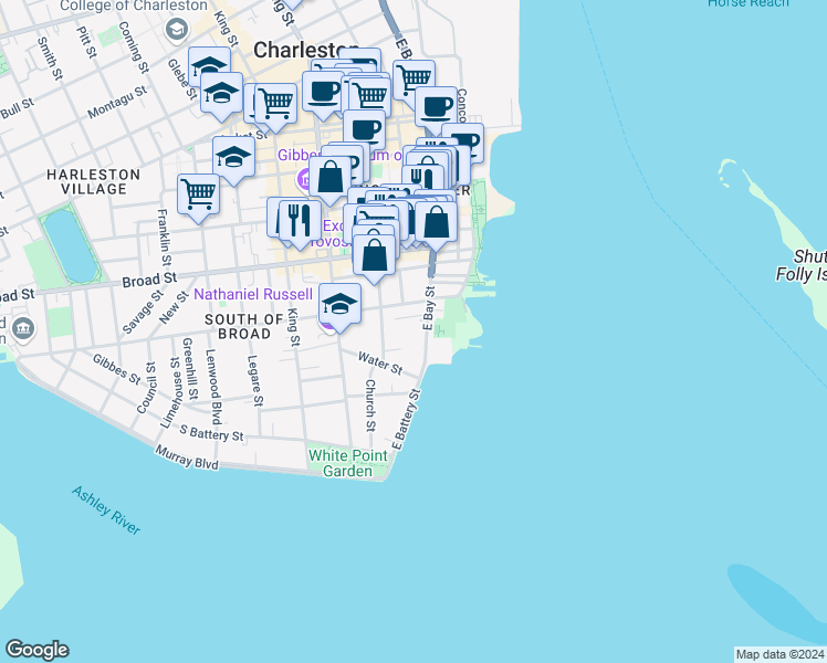 map of restaurants, bars, coffee shops, grocery stores, and more near 45 East Bay Street in Charleston