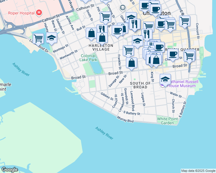 map of restaurants, bars, coffee shops, grocery stores, and more near 175 Tradd Street in Charleston