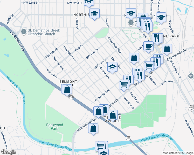 map of restaurants, bars, coffee shops, grocery stores, and more near 1500 Harrington Avenue in Fort Worth