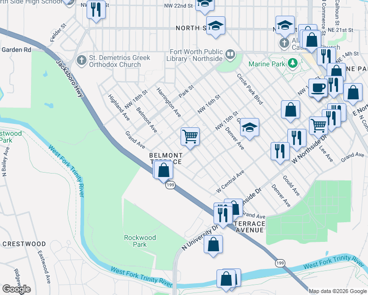 map of restaurants, bars, coffee shops, grocery stores, and more near 1206 Northwest 15th Street in Fort Worth