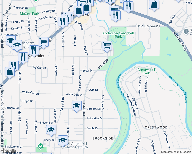 map of restaurants, bars, coffee shops, grocery stores, and more near 4340 Cabot Drive in Fort Worth
