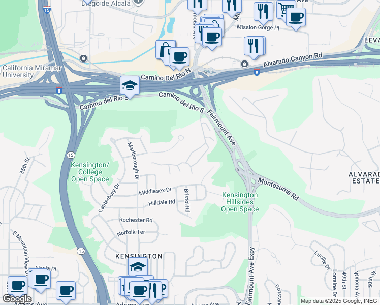 map of restaurants, bars, coffee shops, grocery stores, and more near 4338 Caminito Pintoresco in San Diego