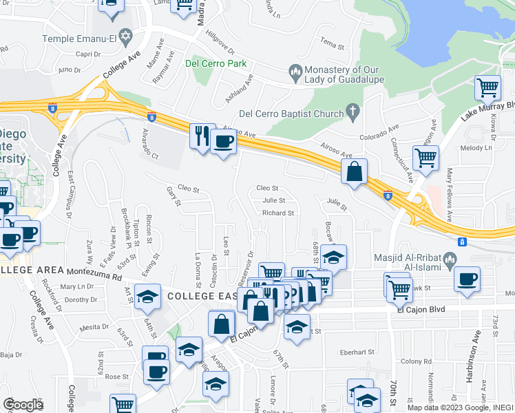 map of restaurants, bars, coffee shops, grocery stores, and more near 5227 Lenore Drive in San Diego