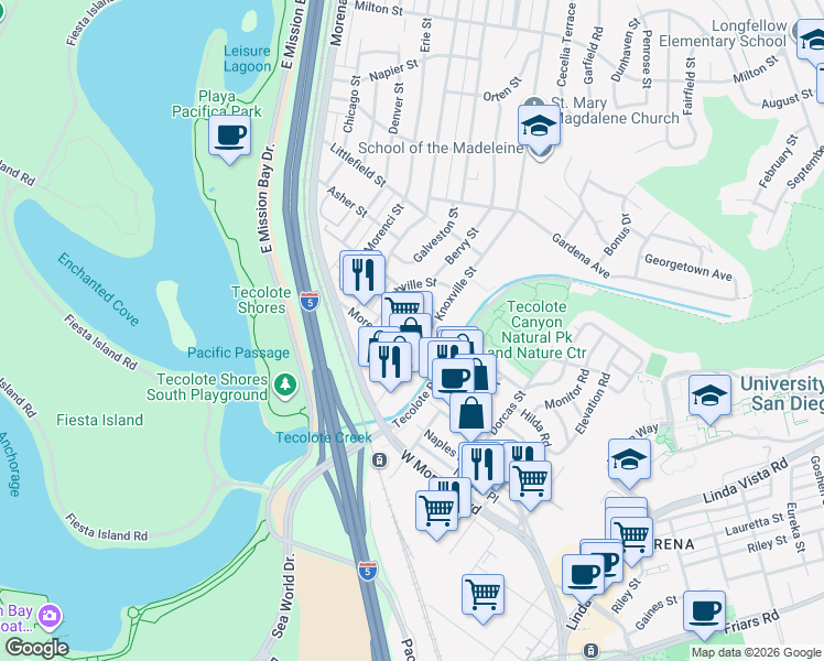 map of restaurants, bars, coffee shops, grocery stores, and more near 1335 Lehigh Street in San Diego