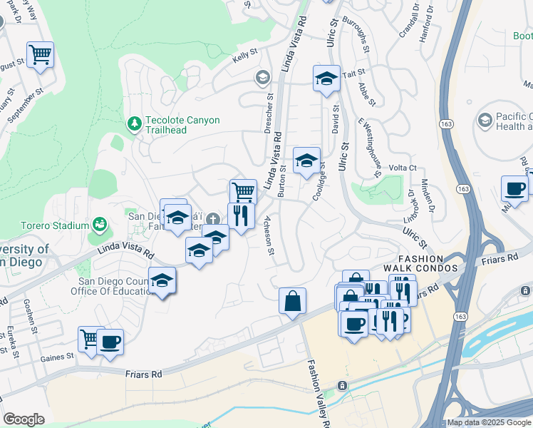 map of restaurants, bars, coffee shops, grocery stores, and more near 1576 Acheson Street in San Diego