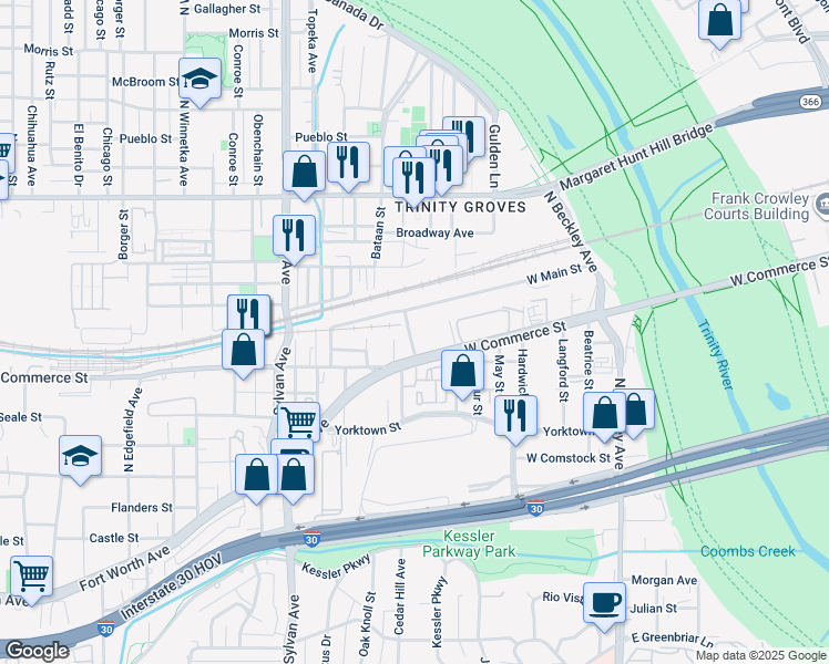 map of restaurants, bars, coffee shops, grocery stores, and more near 411 West Commerce Street in Dallas