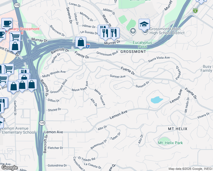 map of restaurants, bars, coffee shops, grocery stores, and more near 9544 Ridgecrest Drive in La Mesa