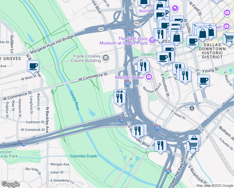 map of restaurants, bars, coffee shops, grocery stores, and more near 100 Rock Island Street in Dallas