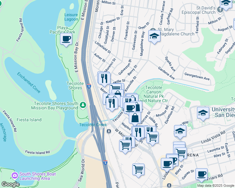 map of restaurants, bars, coffee shops, grocery stores, and more near 1335 Lehigh Street in San Diego