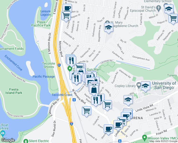 map of restaurants, bars, coffee shops, grocery stores, and more near 1395 Morena Boulevard in San Diego