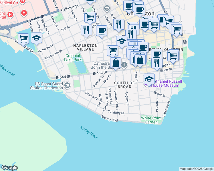 map of restaurants, bars, coffee shops, grocery stores, and more near 1 Greenhill Street in Charleston