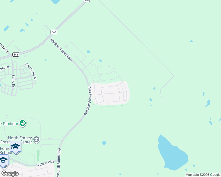 map of restaurants, bars, coffee shops, grocery stores, and more near WindMill Farms Boulevard in Forney