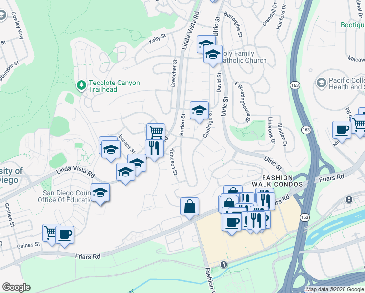 map of restaurants, bars, coffee shops, grocery stores, and more near 1549 Burton Street in San Diego