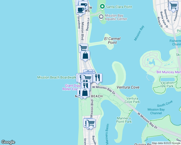 map of restaurants, bars, coffee shops, grocery stores, and more near 818 Santa Barbara Place in San Diego