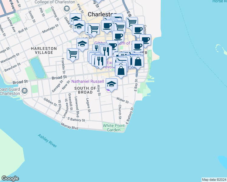 map of restaurants, bars, coffee shops, grocery stores, and more near 54 Meeting Street in Charleston