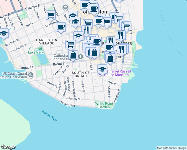 map of restaurants, bars, coffee shops, grocery stores, and more near 15 Price's Alley in Charleston