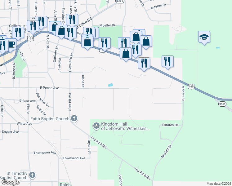 map of restaurants, bars, coffee shops, grocery stores, and more near 601 Hollyhurst Drive in Bastrop