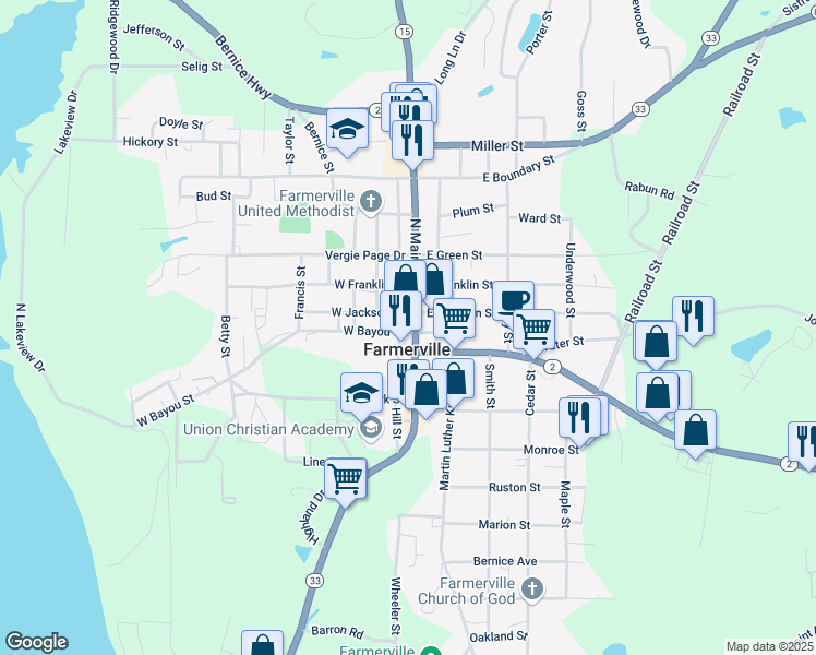 map of restaurants, bars, coffee shops, grocery stores, and more near in Farmerville