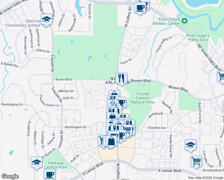 map of restaurants, bars, coffee shops, grocery stores, and more near 2305 Southern Oak Drive in Arlington