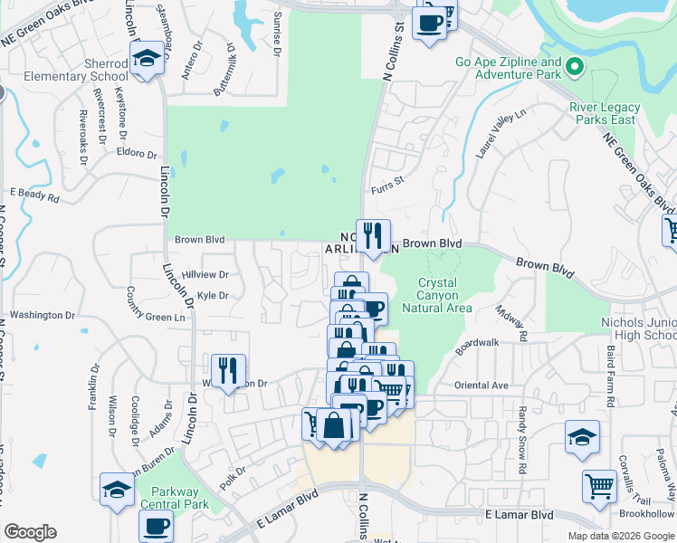 map of restaurants, bars, coffee shops, grocery stores, and more near 2305 Southern Oak Drive in Arlington