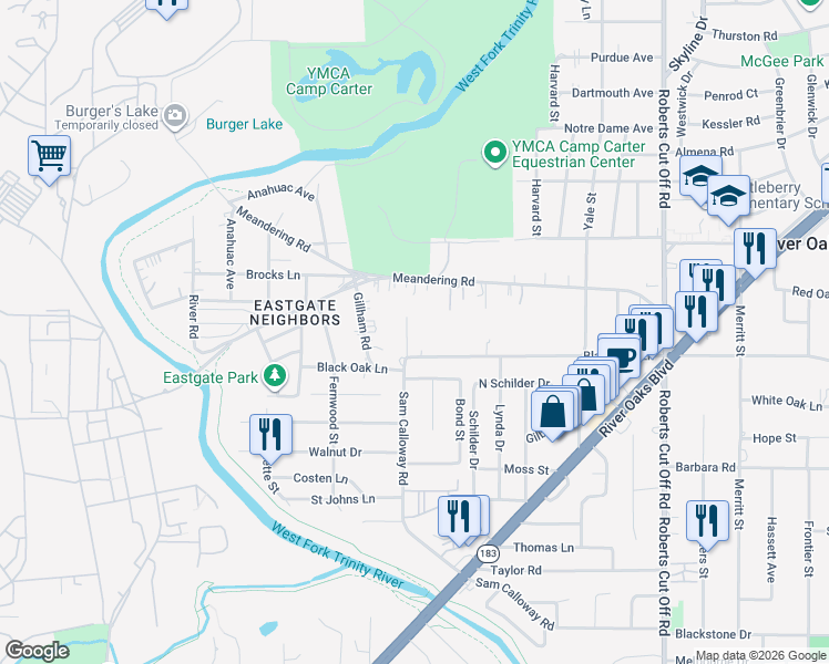 map of restaurants, bars, coffee shops, grocery stores, and more near 6000 Black Oak Lane in River Oaks
