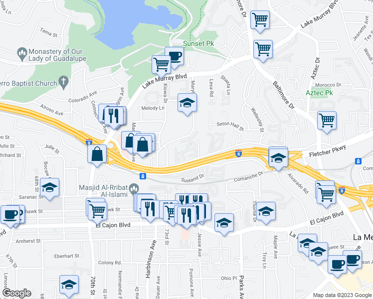 map of restaurants, bars, coffee shops, grocery stores, and more near 7380 Parkway Drive in La Mesa