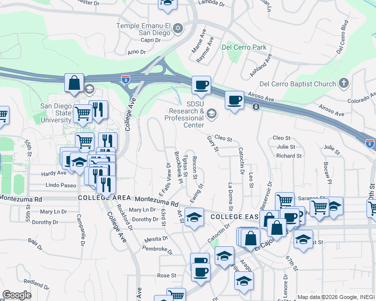 map of restaurants, bars, coffee shops, grocery stores, and more near 5230 Tipton Street in San Diego