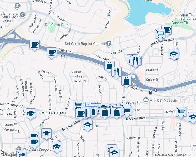map of restaurants, bars, coffee shops, grocery stores, and more near 5204 Bocaw Place in San Diego