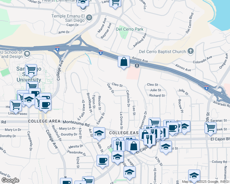 map of restaurants, bars, coffee shops, grocery stores, and more near 6407 Richard Street in San Diego