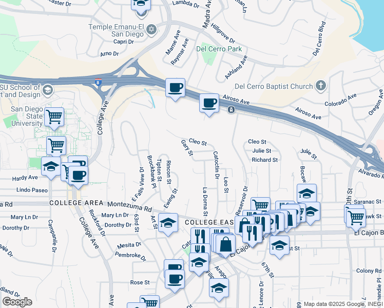 map of restaurants, bars, coffee shops, grocery stores, and more near 6407 Richard Street in San Diego