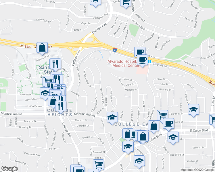 map of restaurants, bars, coffee shops, grocery stores, and more near 5230 Tipton Street in San Diego