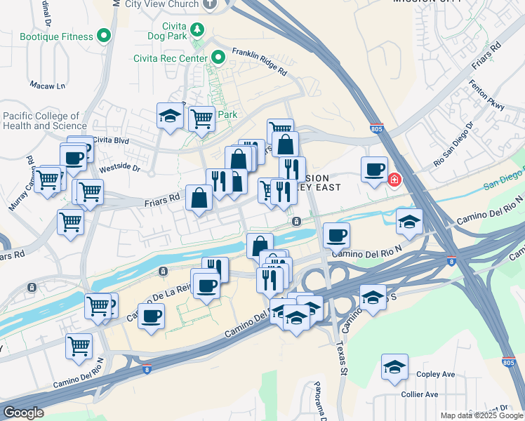 map of restaurants, bars, coffee shops, grocery stores, and more near 2173 Camino Del Este in San Diego
