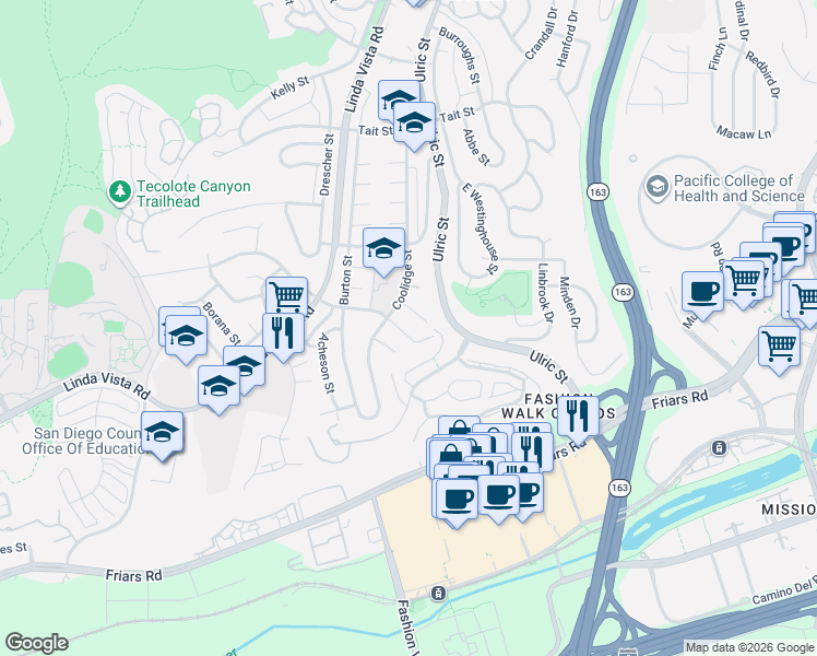 map of restaurants, bars, coffee shops, grocery stores, and more near 6992 Glidden Street in San Diego