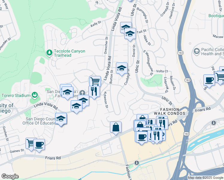 map of restaurants, bars, coffee shops, grocery stores, and more near 1549 Burton Street in San Diego