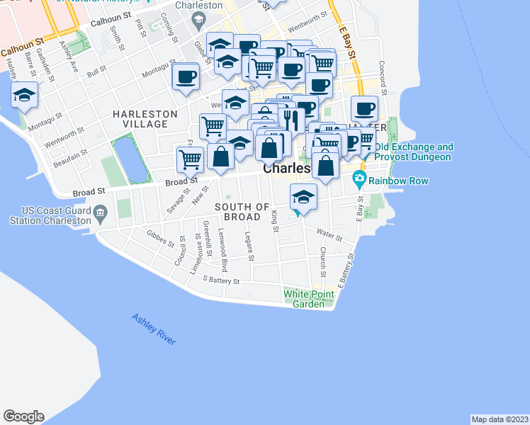 map of restaurants, bars, coffee shops, grocery stores, and more near 22 Legare Street in Charleston