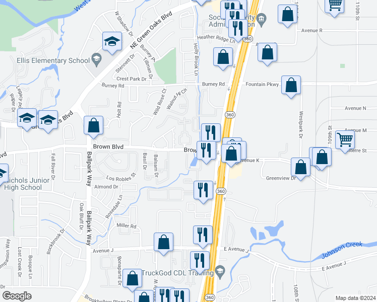 map of restaurants, bars, coffee shops, grocery stores, and more near 2500 Brown Boulevard in Arlington