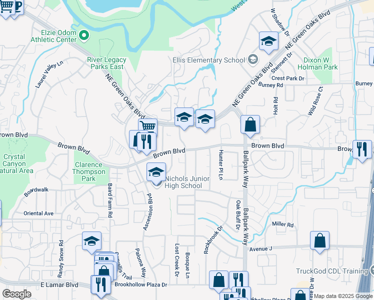 map of restaurants, bars, coffee shops, grocery stores, and more near 2303 Honey Creek Lane in Arlington