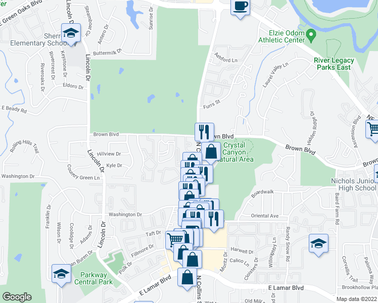map of restaurants, bars, coffee shops, grocery stores, and more near 2305 Southern Oak Drive in Arlington