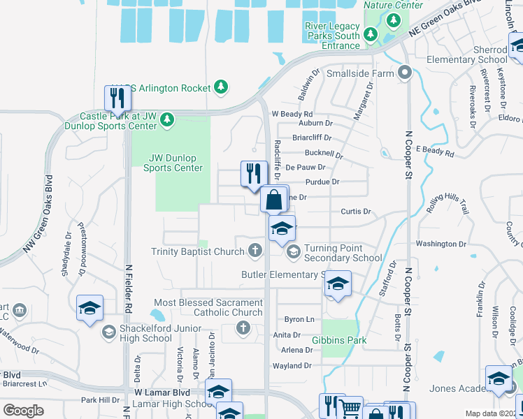 map of restaurants, bars, coffee shops, grocery stores, and more near 2400 North Davis Drive in Arlington