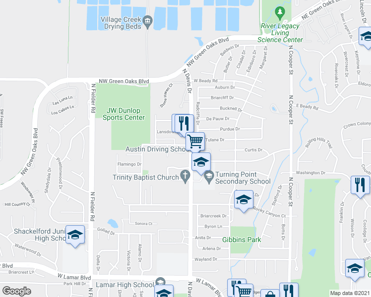 map of restaurants, bars, coffee shops, grocery stores, and more near 2400 North Davis Drive in Arlington