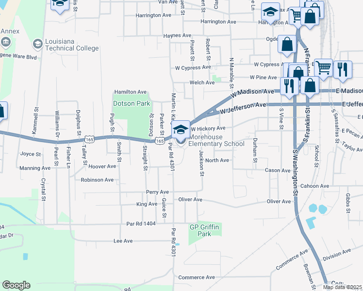 map of restaurants, bars, coffee shops, grocery stores, and more near 1001 West Madison Avenue in Bastrop