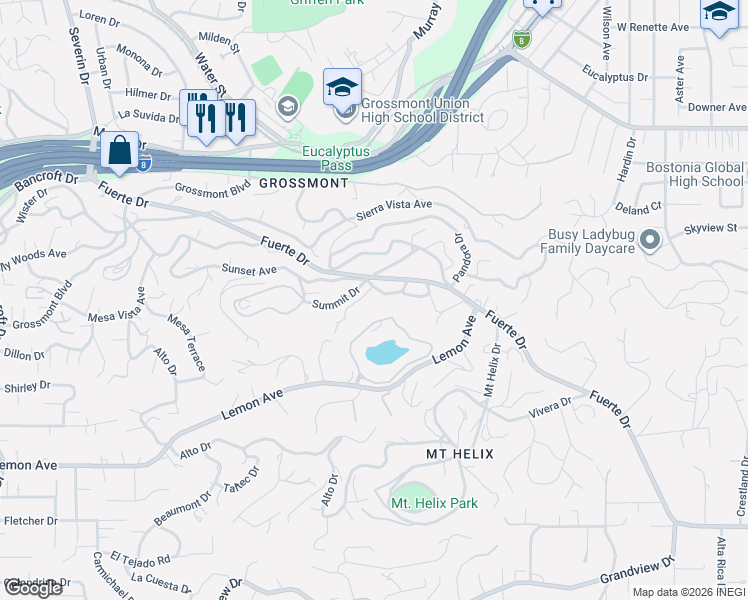 map of restaurants, bars, coffee shops, grocery stores, and more near 14 Lake Helix Drive in La Mesa