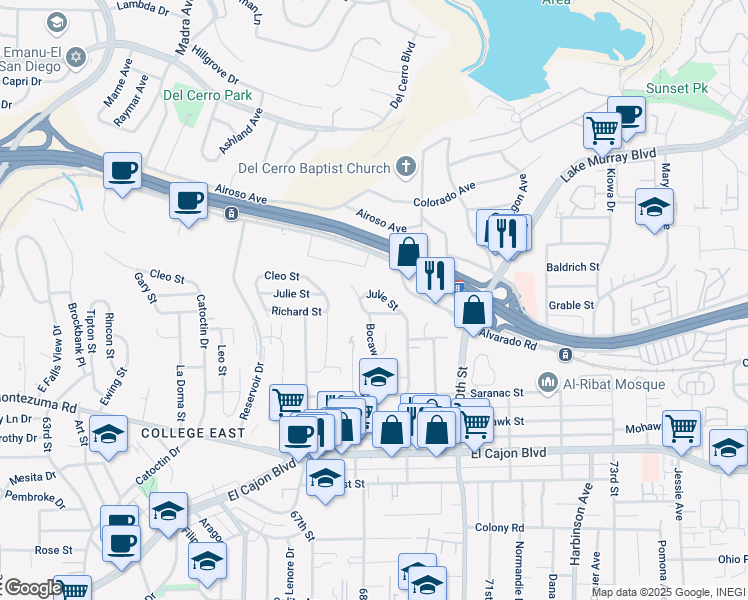 map of restaurants, bars, coffee shops, grocery stores, and more near 6819 Julie Street in San Diego