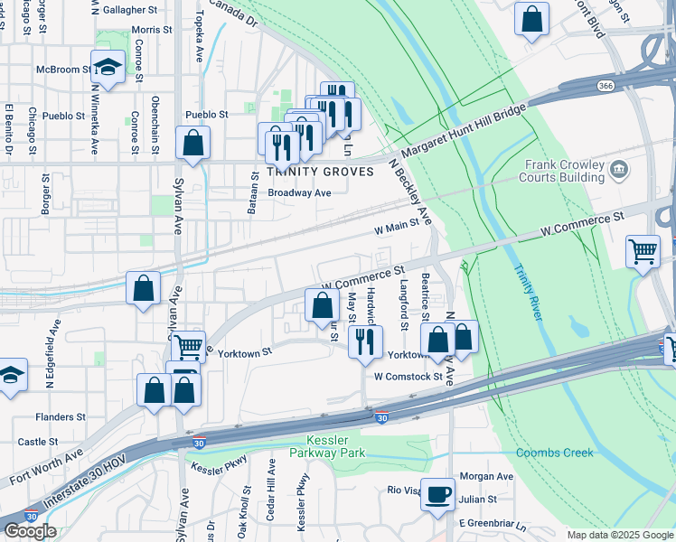 map of restaurants, bars, coffee shops, grocery stores, and more near 305 West Commerce Street in Dallas