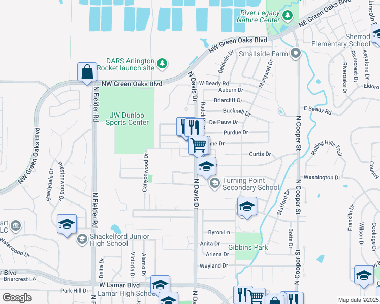 map of restaurants, bars, coffee shops, grocery stores, and more near 2400 North Davis Drive in Arlington