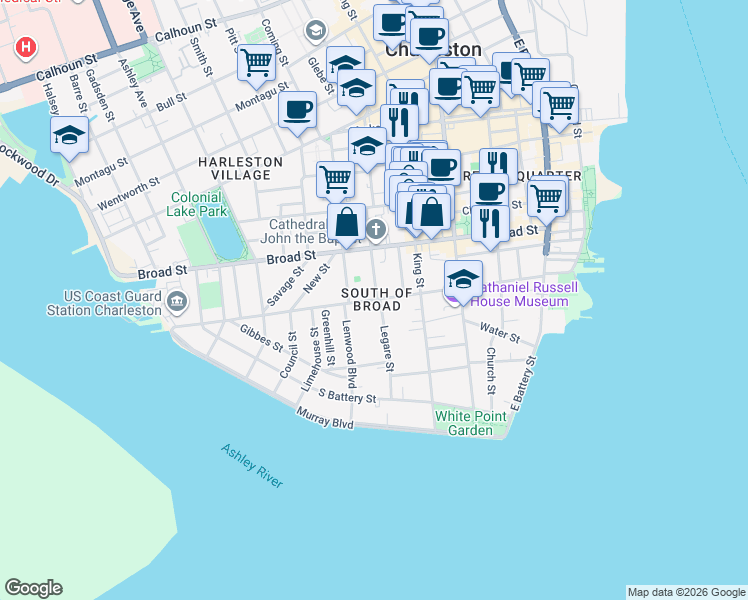 map of restaurants, bars, coffee shops, grocery stores, and more near Tradd St & Legare St in Charleston